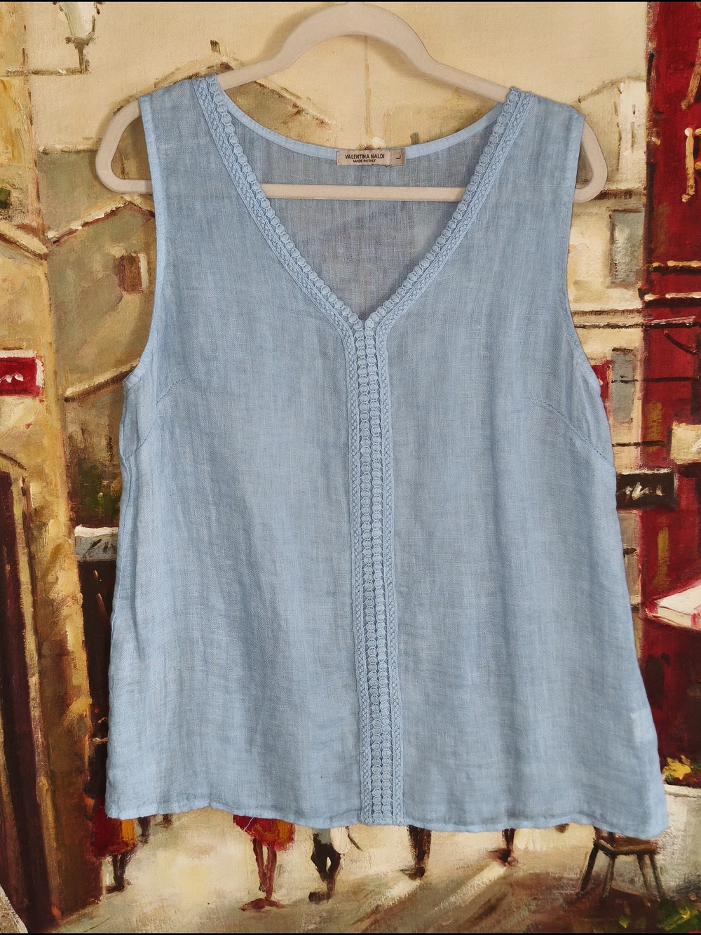Valentina Naldi Pale Blue V-Neck Linen Tank with Center Braid
